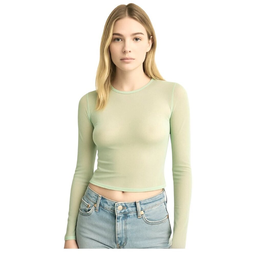 American Eagle Celery Green Sheer Mesh Top Long Sleeve Soft Layering XS